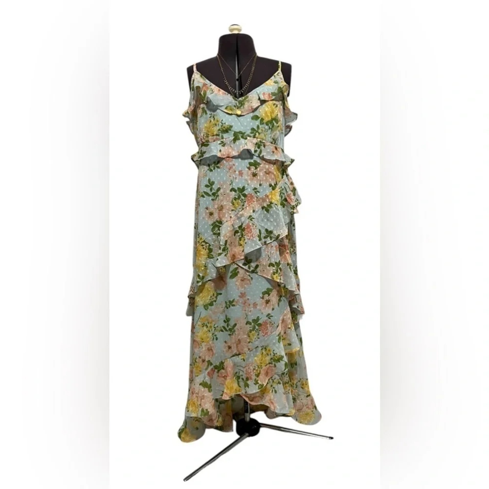 By The River Blossom In Time Blue Multi Floral Ruffle Tiered Midi Dress Size L - Picture 7 of 14